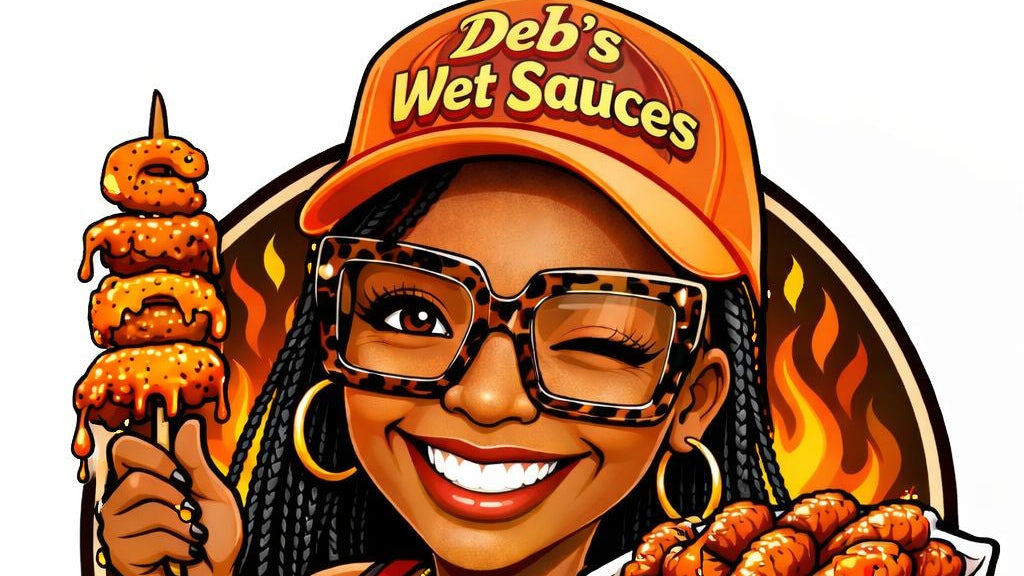 Logo for Deb's Wet Sauces featuring a person holding food items with flames in the background.